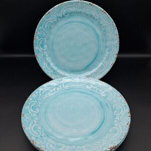 4 Nicole Miller Aqua Distressed Border Scroll Melamine Dinner Plates